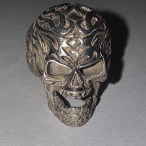 Sterling Silver Flame Skull Ring, Size 12